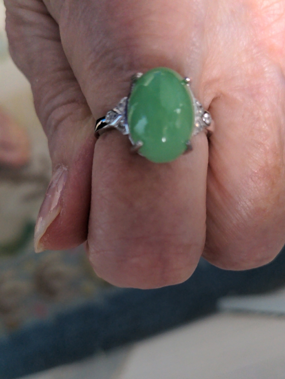 NWT Jade Sterling Silver Ring. Diamond Accents, Macy's, 10 mm Gem. Sz 7 1/2 - Picture 3 of 9